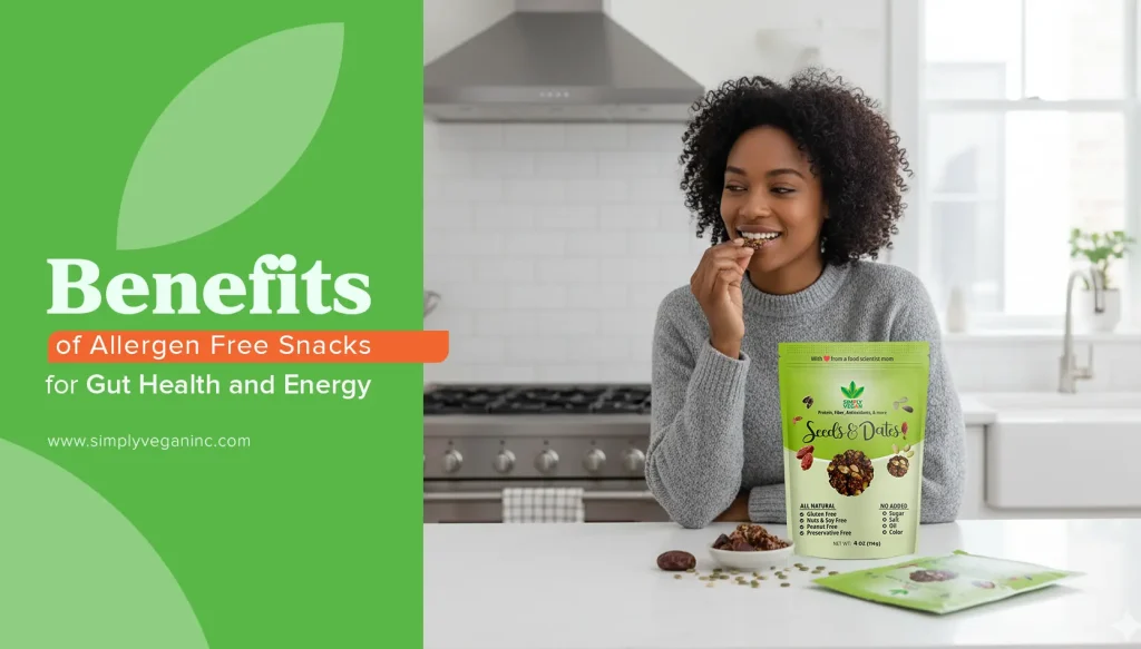 A woman smiles while enjoying Simply Vegan Seeds & Dates snack in a bright kitchen. A green product pouch and a plate of seed and date bites are displayed on the counter. The graphic on the left highlights the benefits of allergen free snacks for gut health and energy.