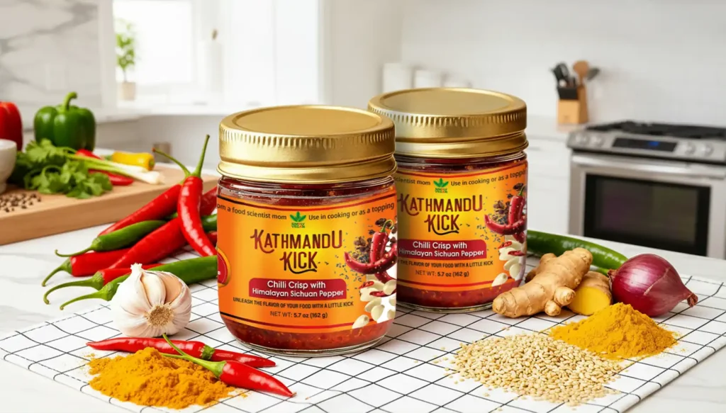 Jars of Spicy Vegan condiment Kathmandu Kick with Chilli Crisp Himalayan Sichuan pepper displayed with garlic, chili, ginger, onion, turmeric, and sesame seeds.