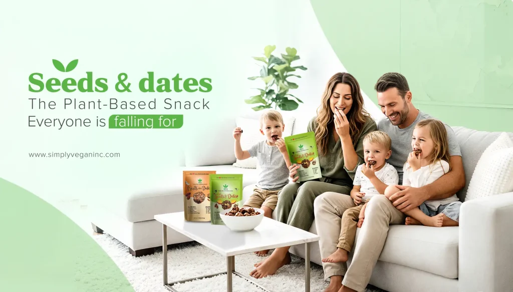 A happy family enjoys Simply Vegan Seeds and Dates snack together on a sofa, with product packs and a bowl of plant based snacks on the table.